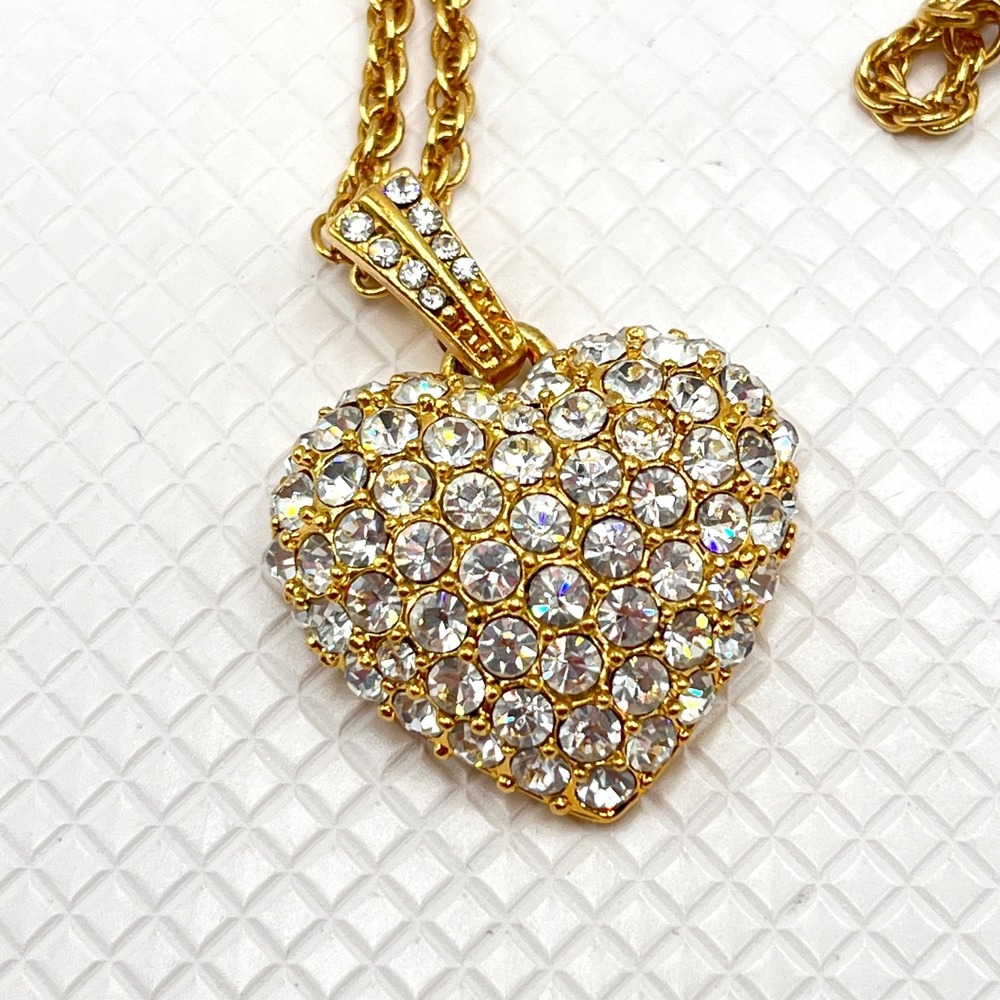 Vintage MONET Pave Crystal Rhinestone Heart Pendant Necklace w/ Gold Tone Chain